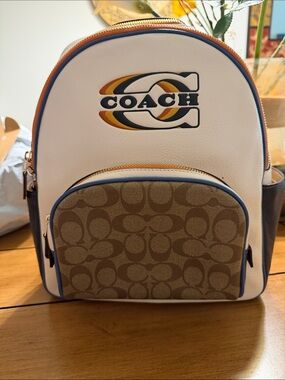 Coach White  Backpack with Tan Signature Front and Navy Trim